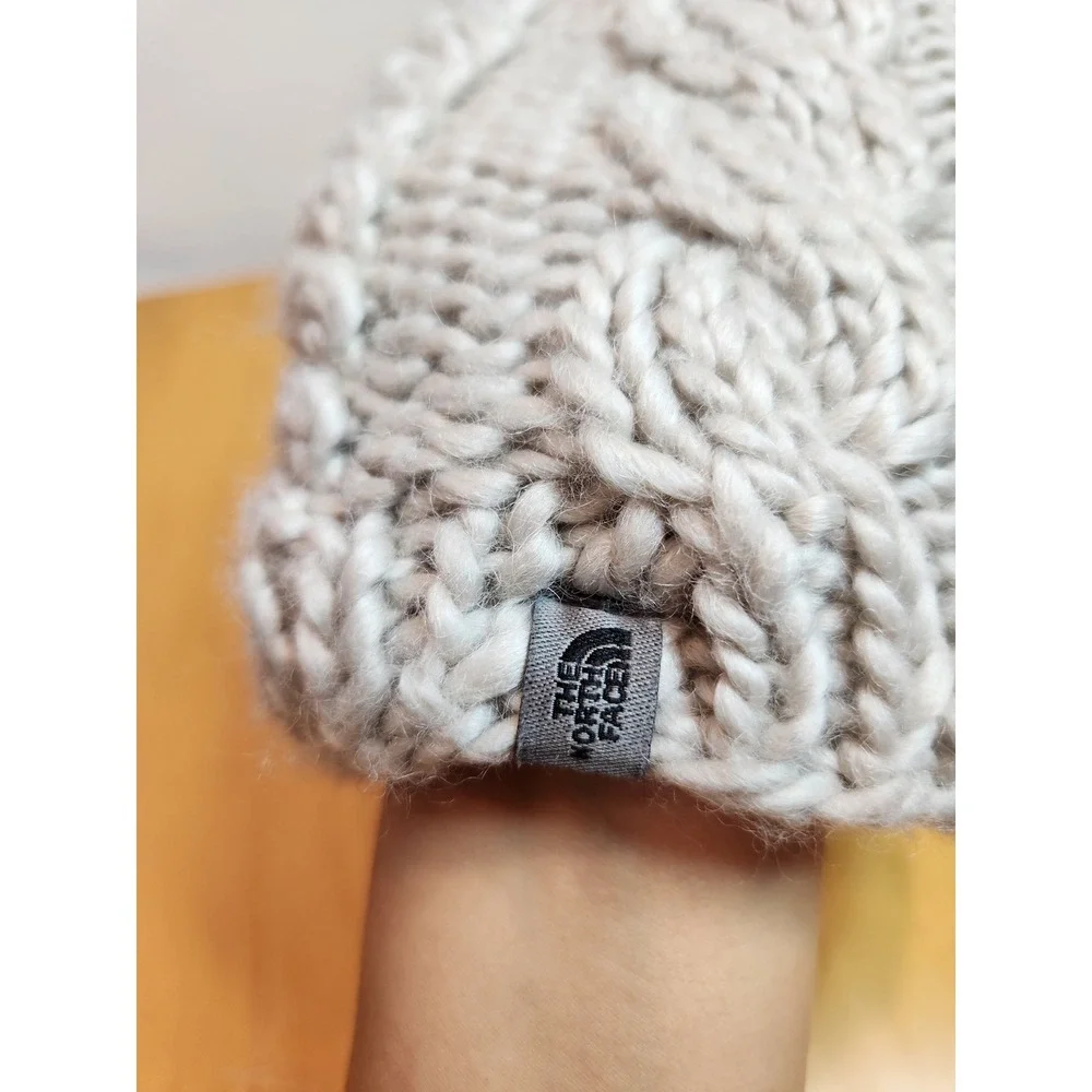 The North Face Cable Knit Beanie Fleece Lined Wool Blend Hat Oatmeal Beige OSFM